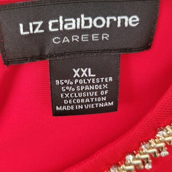 Liz Claiborne Career Red Blouse embellished long sleeves keyhole dressy XXL GUC - Picture 10 of 13